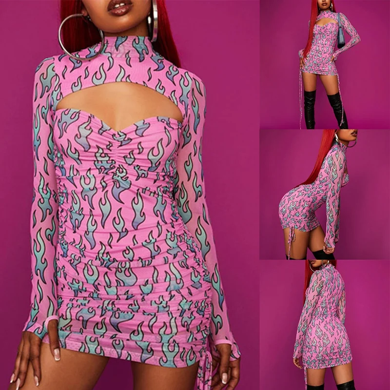 

Sexy Sheer Dress Long Sleeve Pink Printed Hollow Drawstring Lace Skinny Pleated Mini Skirt Female