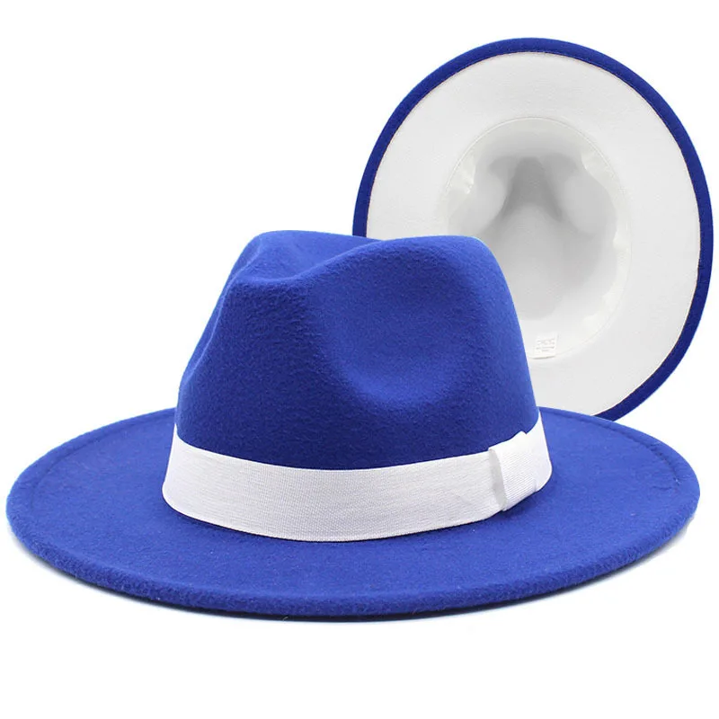 

Classic Outside white inside blue Patchwork Wide Brim Fedora Hat Men Women Two Tone Felt Fedora Hats Cowboy Jazz Hat Brown Belt