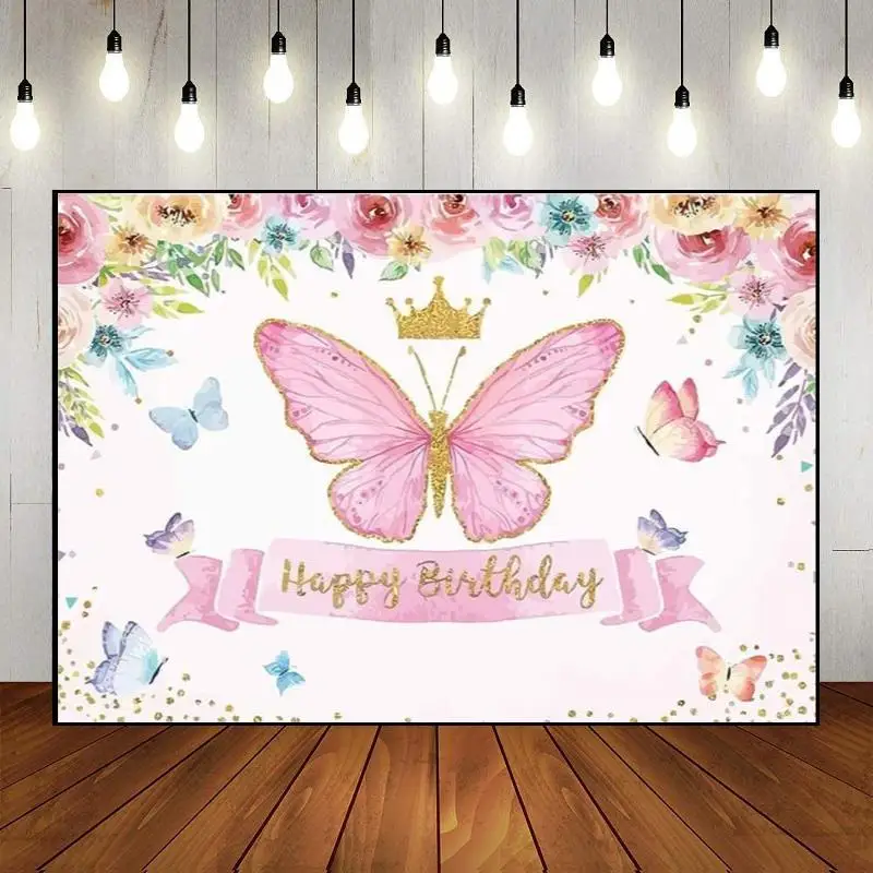Photo Butterfly Happy Birthday Photography Backdrop Floral Gold Spots Purple and Pink Party Wall Decoration Baby Shower Custom