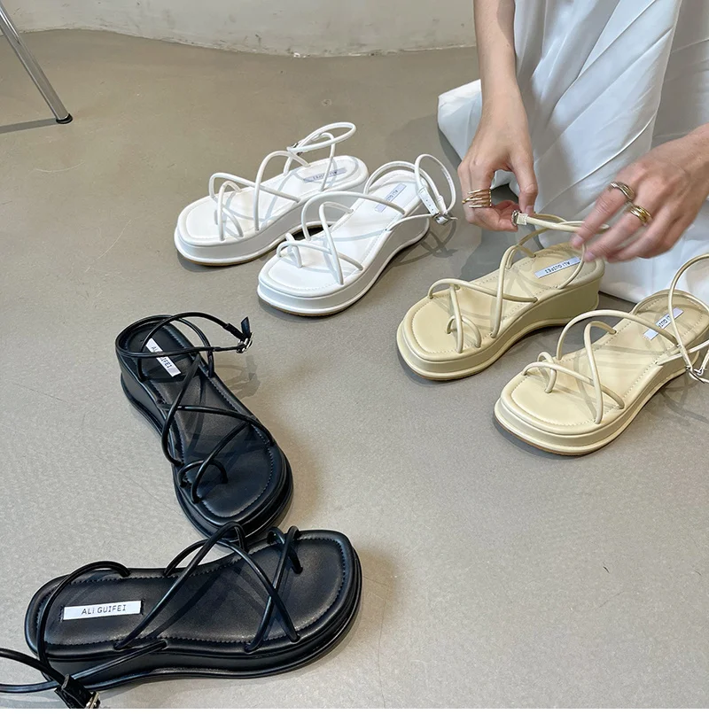 

Design Open Toe Women Sandals Summer Fashion Narrow Band Dress Shoes Platform Wedges Heel Ladies Ankle Strap Gladiator Sandalias