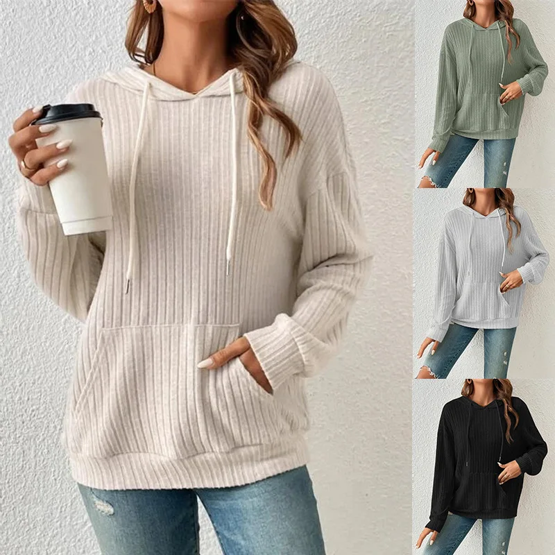 

2023 Autumn/Winter New Fashion Casual Women's Wool Thickened Knit TEMU Hooded Pit Striped Kangaroo Pocket Loose Large Sweater