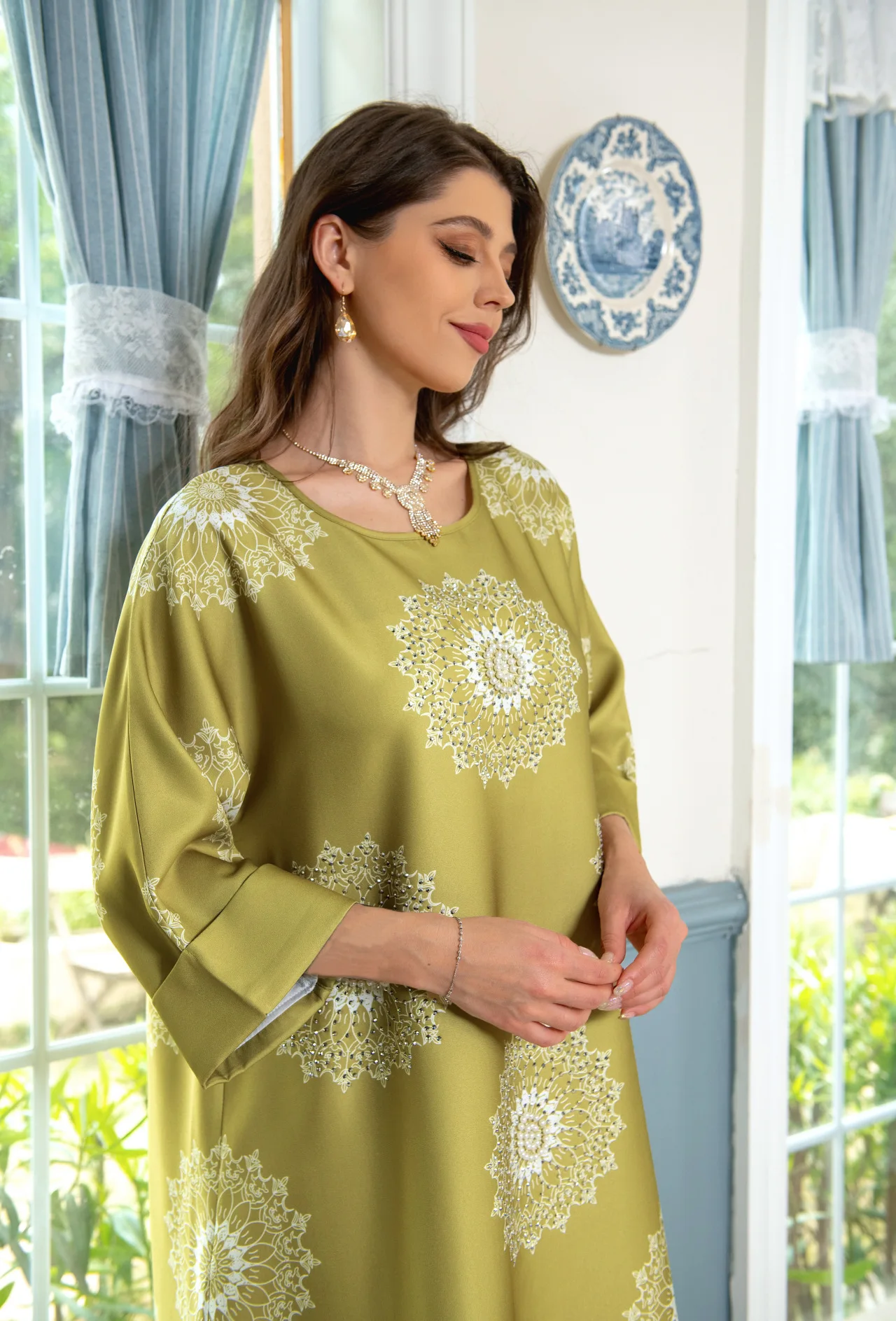 Irregular Robe 2023 Cross Border Women's Flower Hot Diamond Bubble Bead Light Luxury Craft Printed Dress Muslim Dress Women
