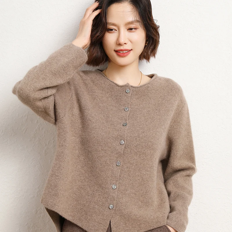 

Autumn and Winter New 100% Pure Wool Cardigan Coat Women's Curly Round Neck Sweater with Casual Loose Knit Underneath