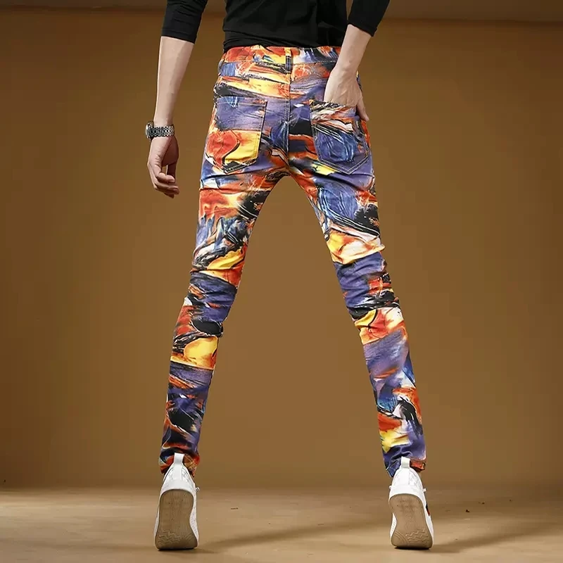 Men Digital Printing Jeans Mens Casual Pants 2022 Streetwear Fashion Colorful Cotton Slim Fit Straight Denim Trousers
