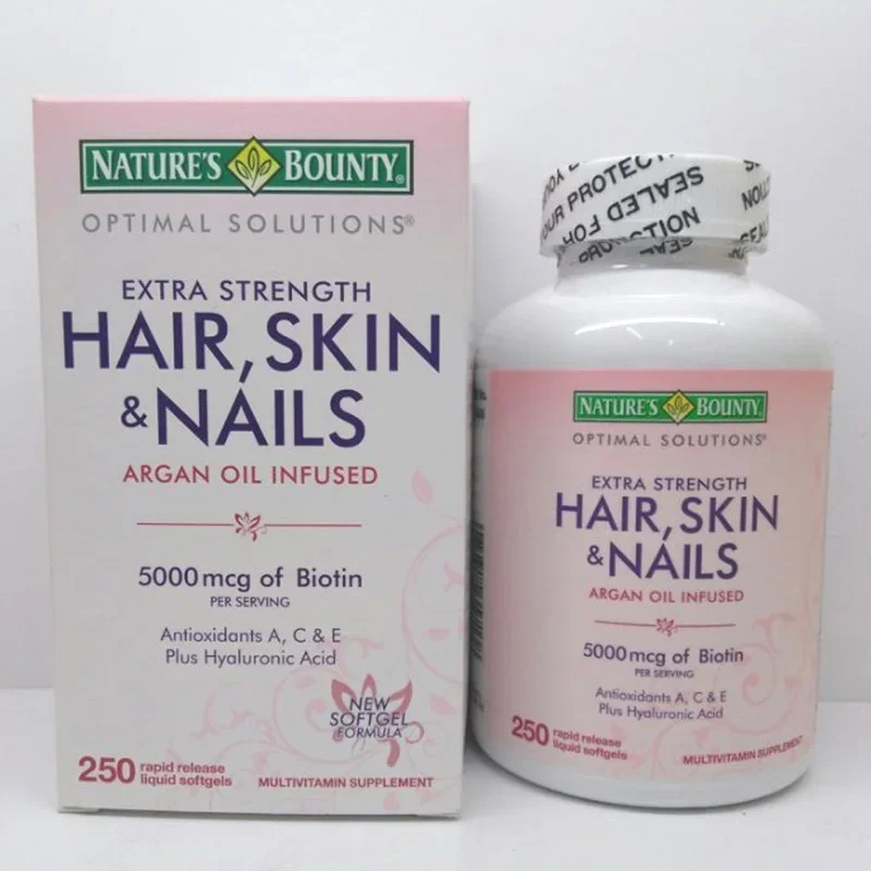 

250 Softgels Hair,Skin & Nails 5000 Mcg Fo Biotin Antioxidants A,C & E Plus Hyaluronic Acid Collagen Protein Softgels