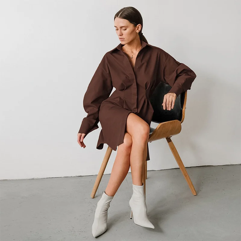 

Женское длинное платье-рубашка, элегантное однотонное платье большого размера с отложным воротником и длинным рукавом, весна-осень 2022