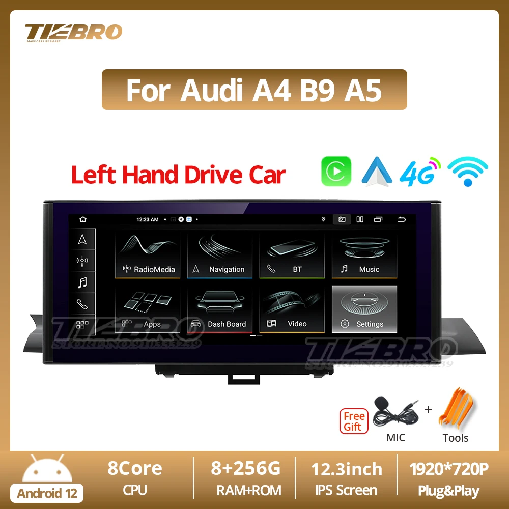 

TIEBRO 12,3 ''Carplay Android 12 для Audi A4 B9 A5 LHD 2017-2019 Автомагнитола мультимедийный плеер стерео GPS Навигация BT головное устройство