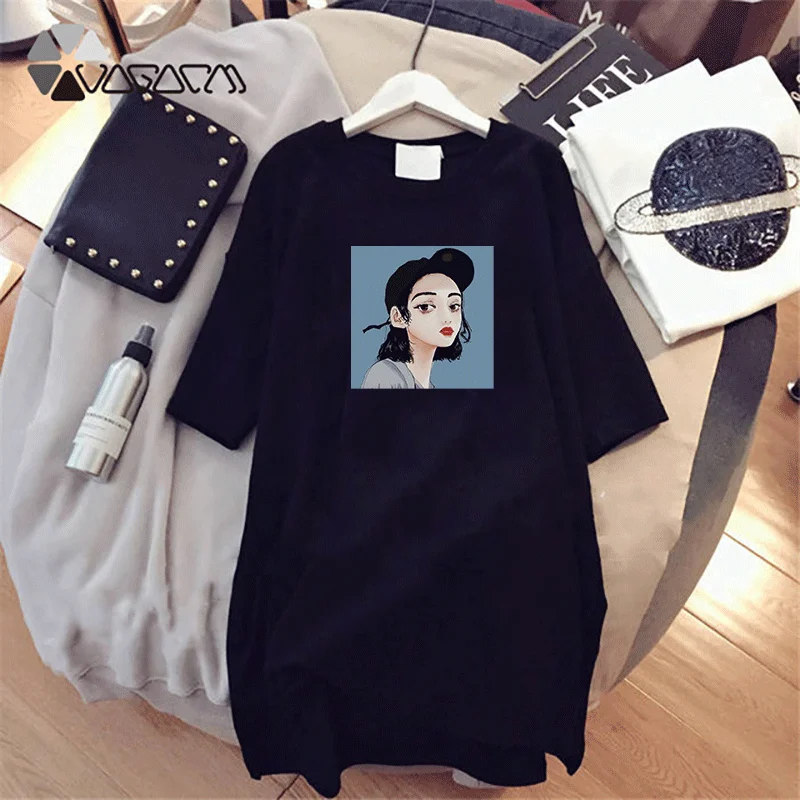 

Woman Midi Dress Short Sleeves O Neck Midi Dress Cute Print Loose Casual Beach Style Elegant 2022 Autumn Fashion Women Dresses