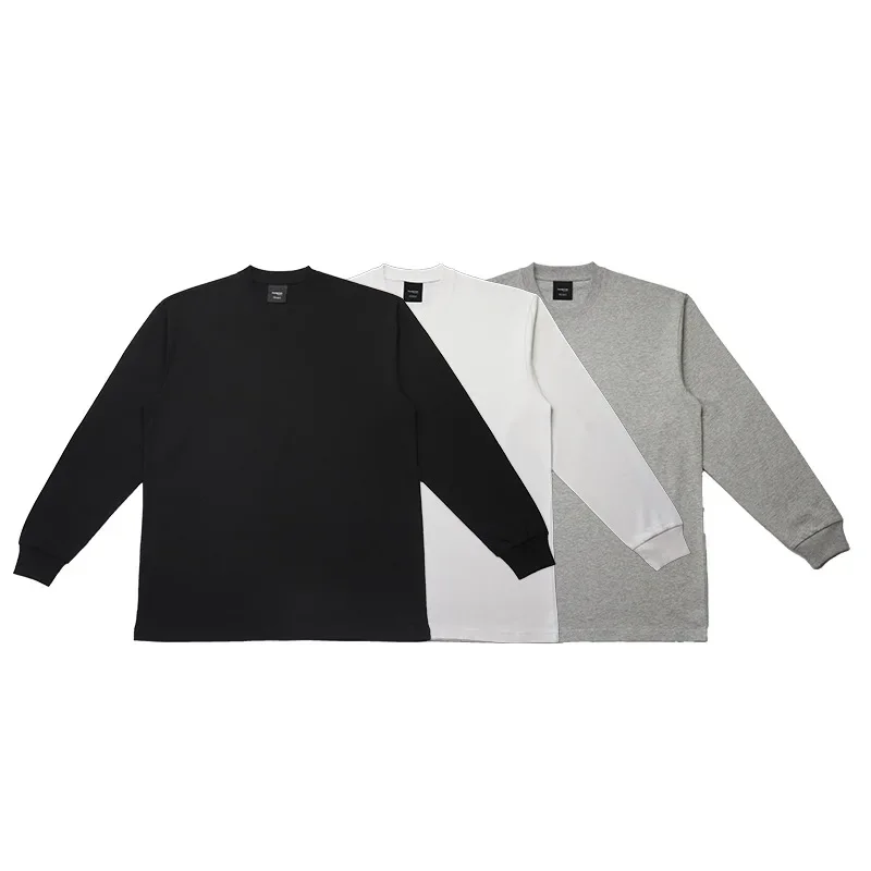 American Pure Cotton Solid Color Mens T-shirt Trend Loose Neckline with Double Gauze Material Base Long Sleeves Men Clothing