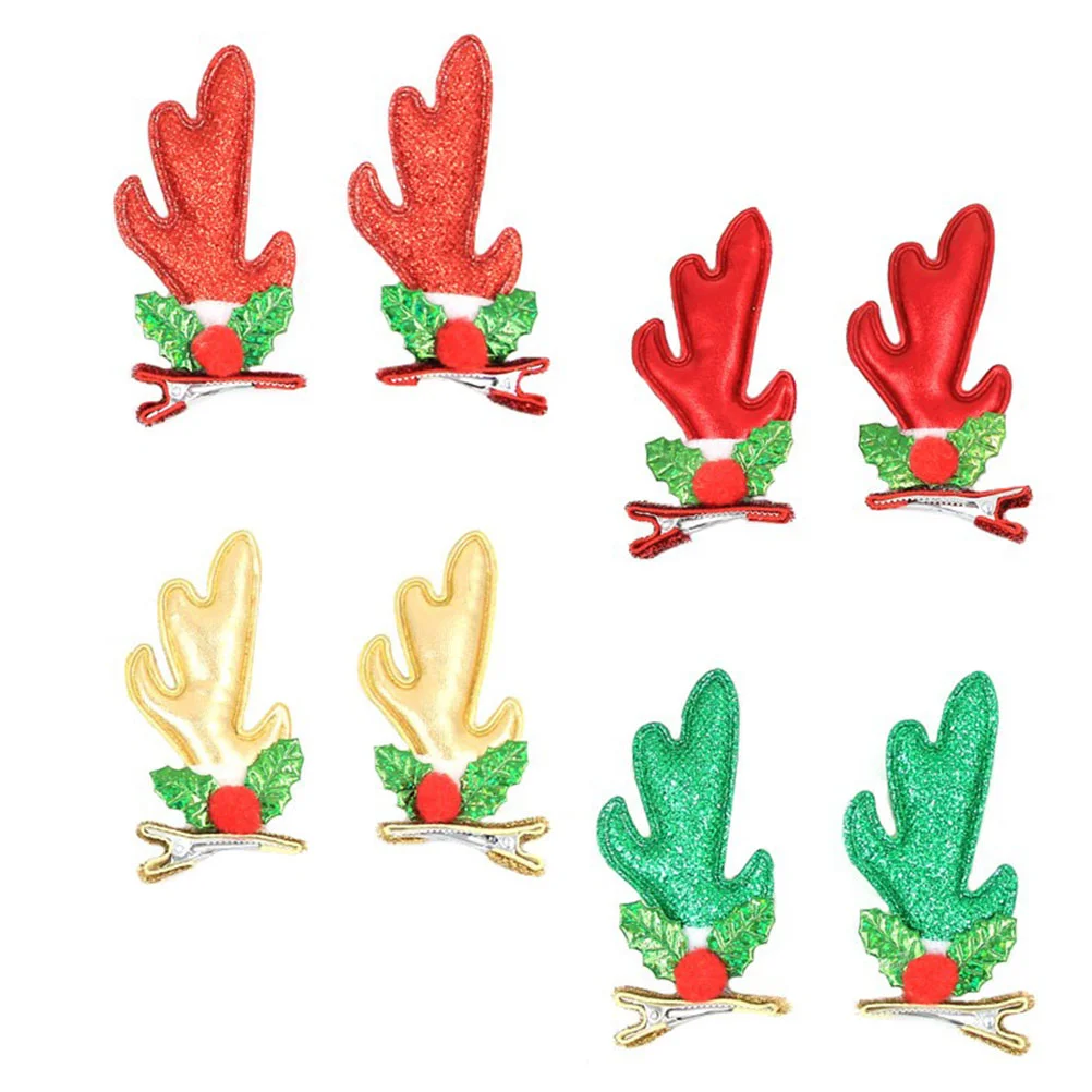 

4 Pairs of Xmas Hair Clips Adorable 3D Antler Christmas Hairpins Hair Accessories (PU Red and Golden for Each 1 Pair Gold