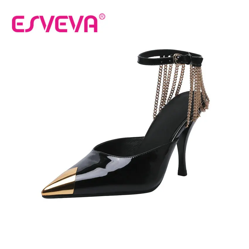 

ESVEVA 2022 Pointed Toe Sandal Sexy Tassel Female Shoes Chains Med Heel Patent Leather Platform Women Pumps Big Size 34-39