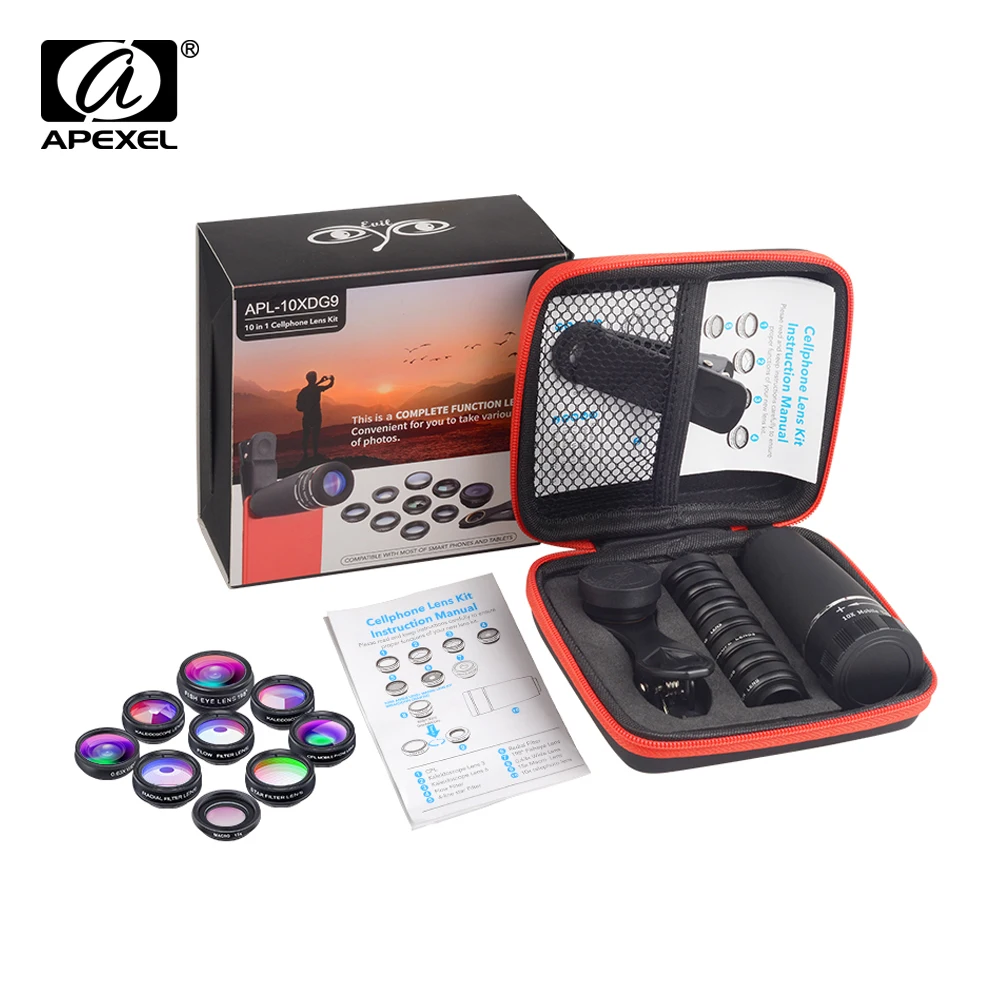 apexel camera lens kit 10 in 1 macro wide fisheye 10x telescope for phones cpl star filter for iphone huawei samsung smartphones free global shipping