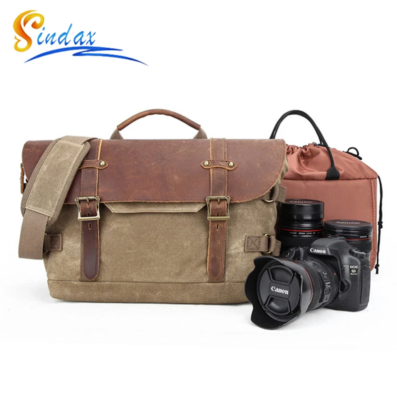 

Водонепроницаемый винтажный холщовый чехол для камеры, повседневный мессенджер на ремне для ноутбука 14 дюймов, подходит для Canon, Nikon, Sony, DSLR