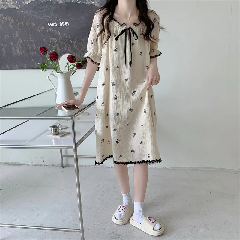 Pajamas for Women Nightdress Cotton Sweet Black Rose Print Nightgown Lace Lace-up Pajama Maxi Vestidos Women Sleepdress Vestidos