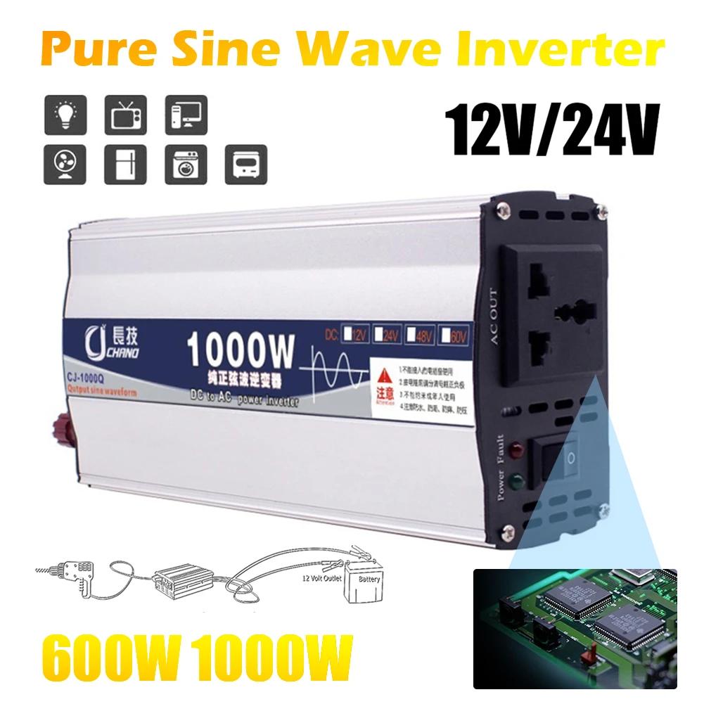 

600W 1000W Pure Sine Wave Car Power Inverter DC 12V 24V To AC 220V Power Converter Adapter Surge Protection Home Travel Inverter