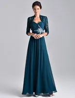 Teal Blue Chiffon Mother Of The Bride Dress 3/4 Long Sleeve With Lace Jacket Crystal Beaded Mother Evening Gowns