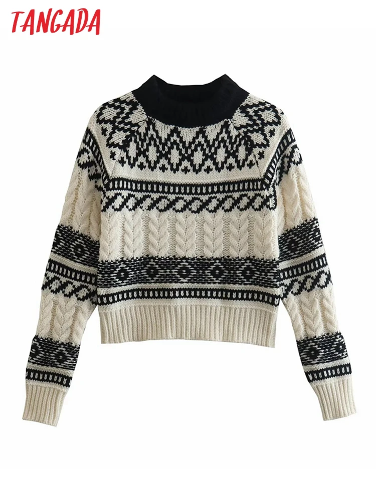 

Tangada женский жаккардовый укороченный вязаный свитер джемпер Женские винтажные пуловеры 3N30