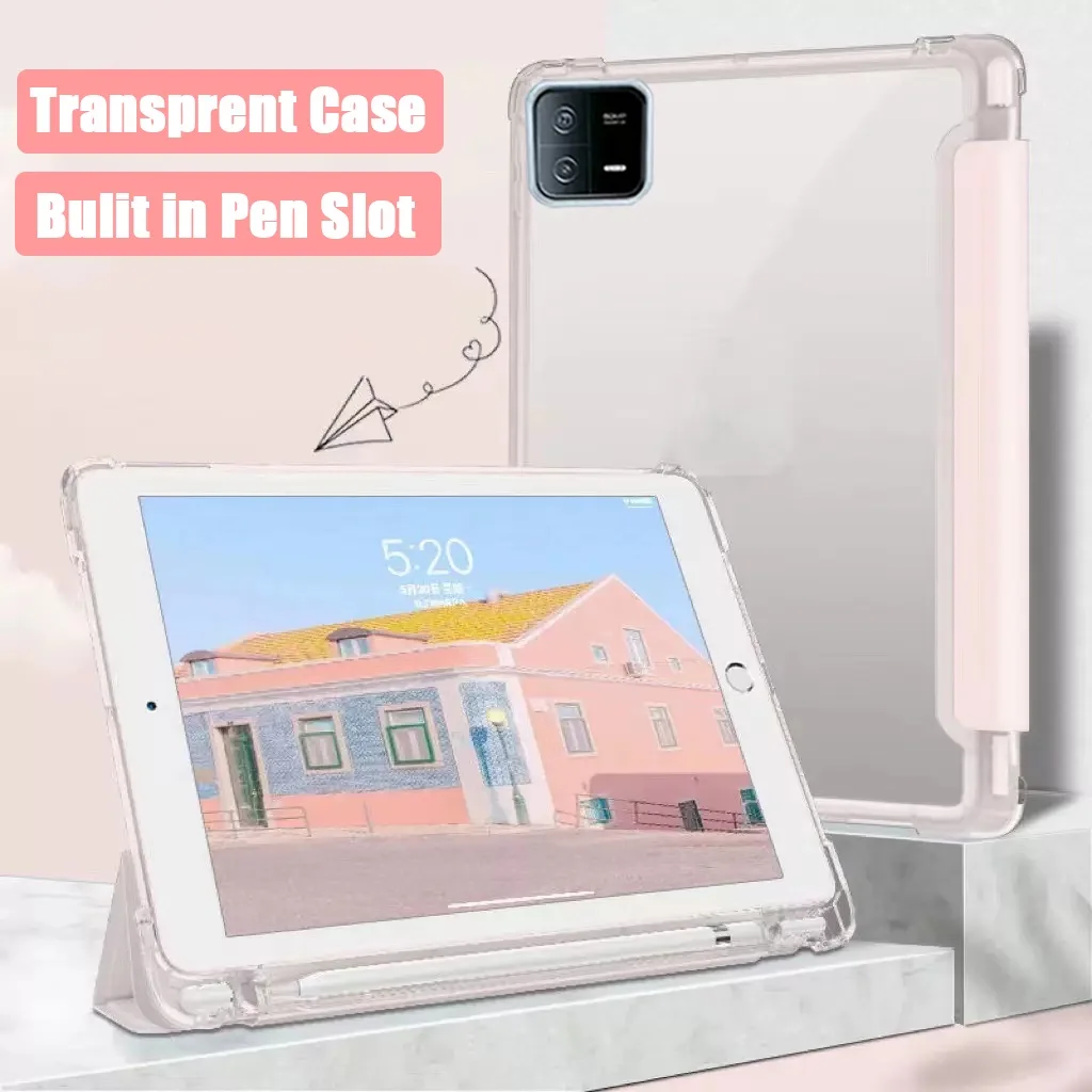 

for Xiaomi Pad 6 Pro 2023 Transparent Back Flip Leather Case for Redmi Pad 10.61 Pad 5 Pro Soft TPU Cover with Pencil Holder