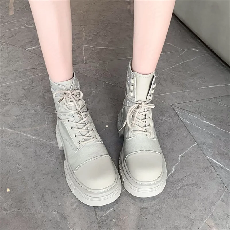 

2022 thick-soled women's boots short boots autumn thin tooling boots fashion lace-up mid-boots women's boots
