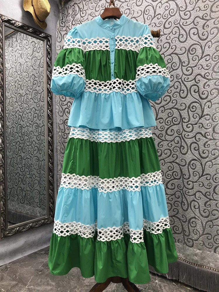 

Lantern Sleeve Lace Hollow Out Women Ball Gown Dress Single-Breasted Green Color Retro Casual Lady 2 Pcs /Set Dress Clothes