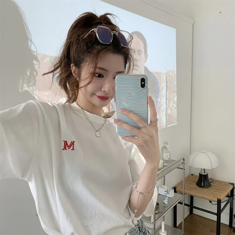 

Женская свободная футболка с коротким рукавом, повседневная хлопковая Футболка с круглым вырезом и вышивкой в Корейском стиле, модель V347 на...