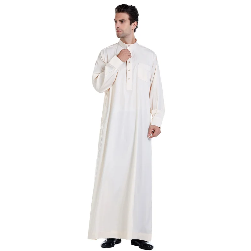 Middle East Muslim Men Clothing Solid Color Long Sleeve Stand Collar Thobes for Men Buttons Noble Jubba Men for Saudi Arabia