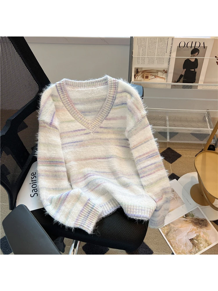 

Women's Vintage Striped Pullover Knitted Sweater Kawaii Harajuku Long Sleeve V-neck Sweater Korean Jumper Y2k Top Clothes Autumn