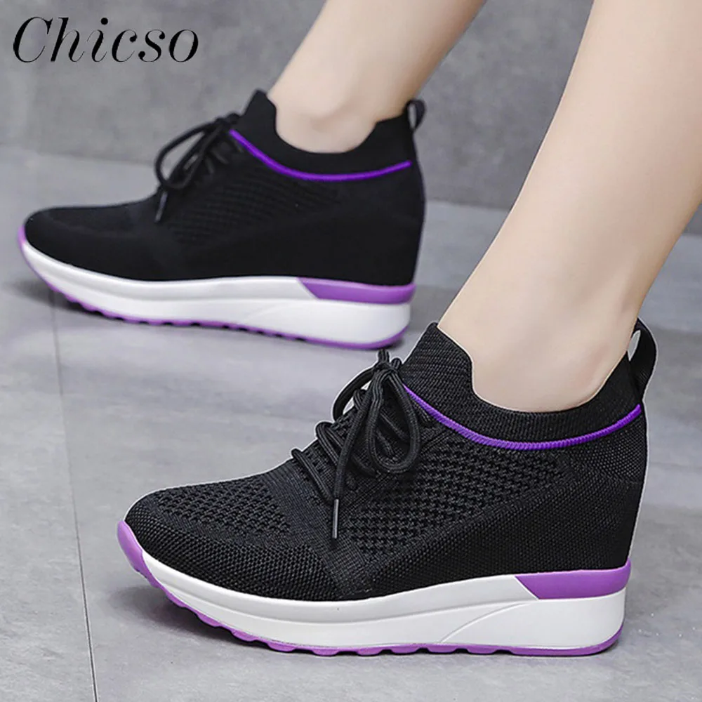 

Wedge Sneakers Women 2022 Autumn New Ladies Knitted Fabric Lace Up Casual Shoes 35-43 Large-Sized Female Comfy Sport Flats