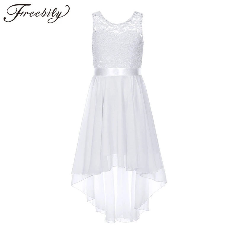 

Kid Girls Lace Floral Chiffon Dress Ballet Lyrical Ballroom Dancing Costume Asymmetric Hem Dresses for Wedding Stage Performance