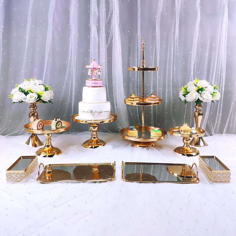 

8pcs Crystal Metal Cake Stand Set Acrylic Mirror Cupcake Decorations Dessert Pedestal Wedding Party Display Tray