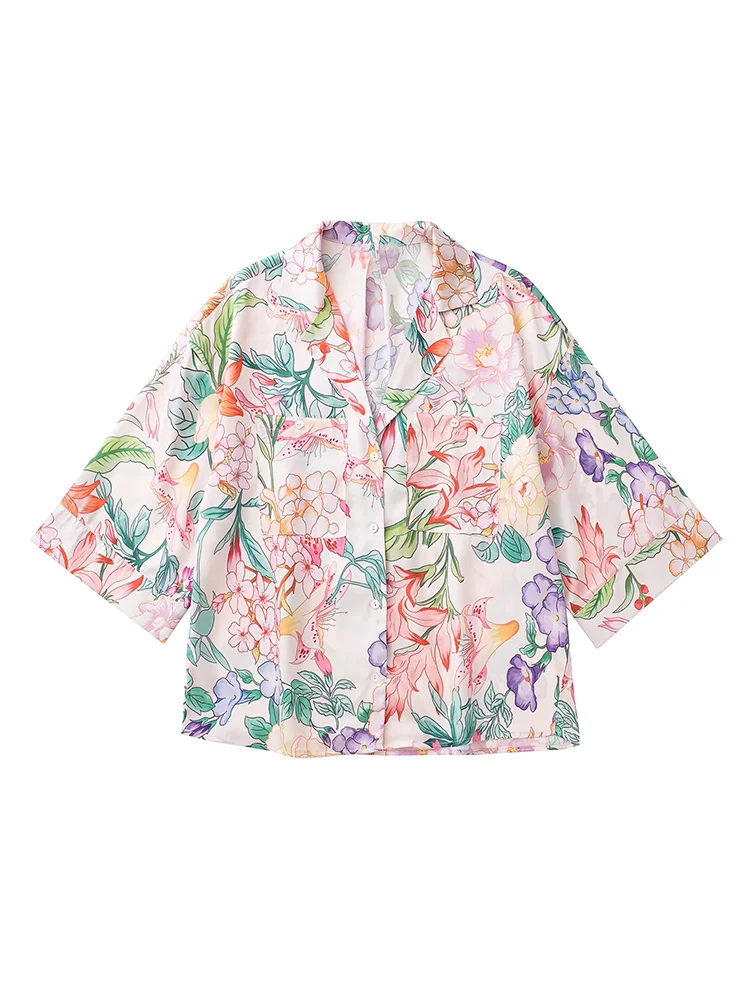 

Elegant Women Pink Floral Print Shirt Long Sleeve Single Breasted Crop Blouse For Holiday Casual Girls Streetwear