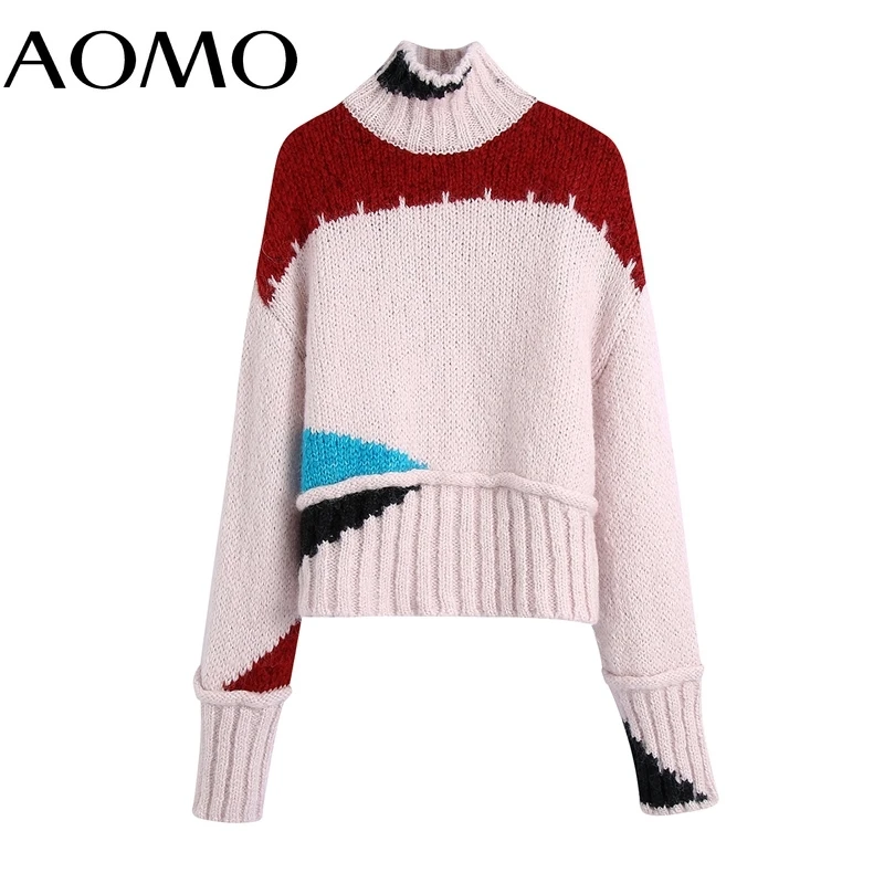 

AOMO 2021 Chic Women Patchwork Turtleneck Sweater Vintage Ladies Short Style Warm Knitted Jumper Tops BE150A