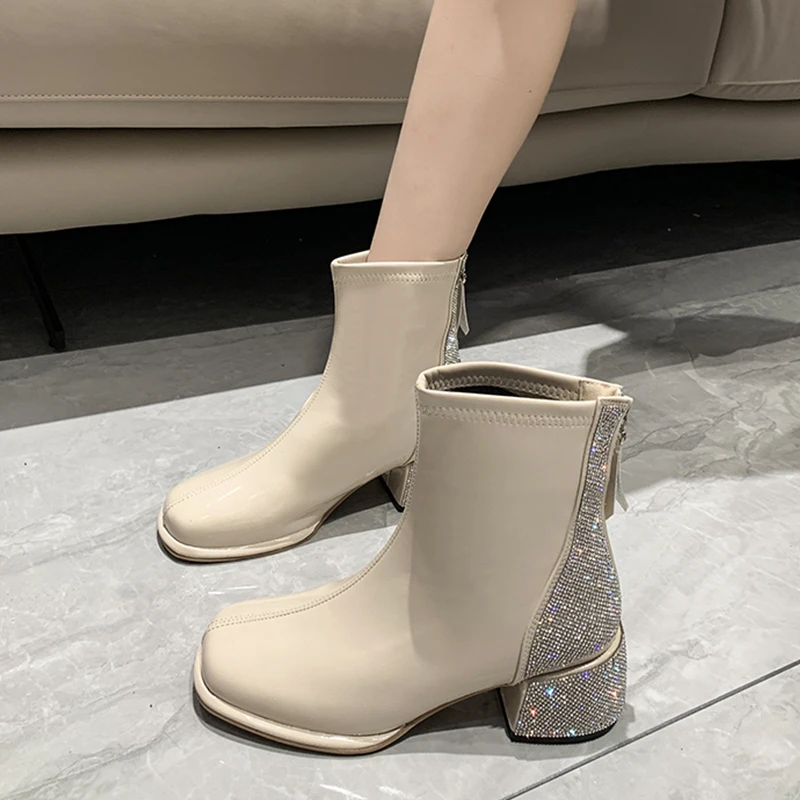 

White Ankle Boots Rock Shoes Woman Flat Heel Boots-Women Zipper Winter Footwear Crystal Luxury Designer Low Ladies 2022 Leather