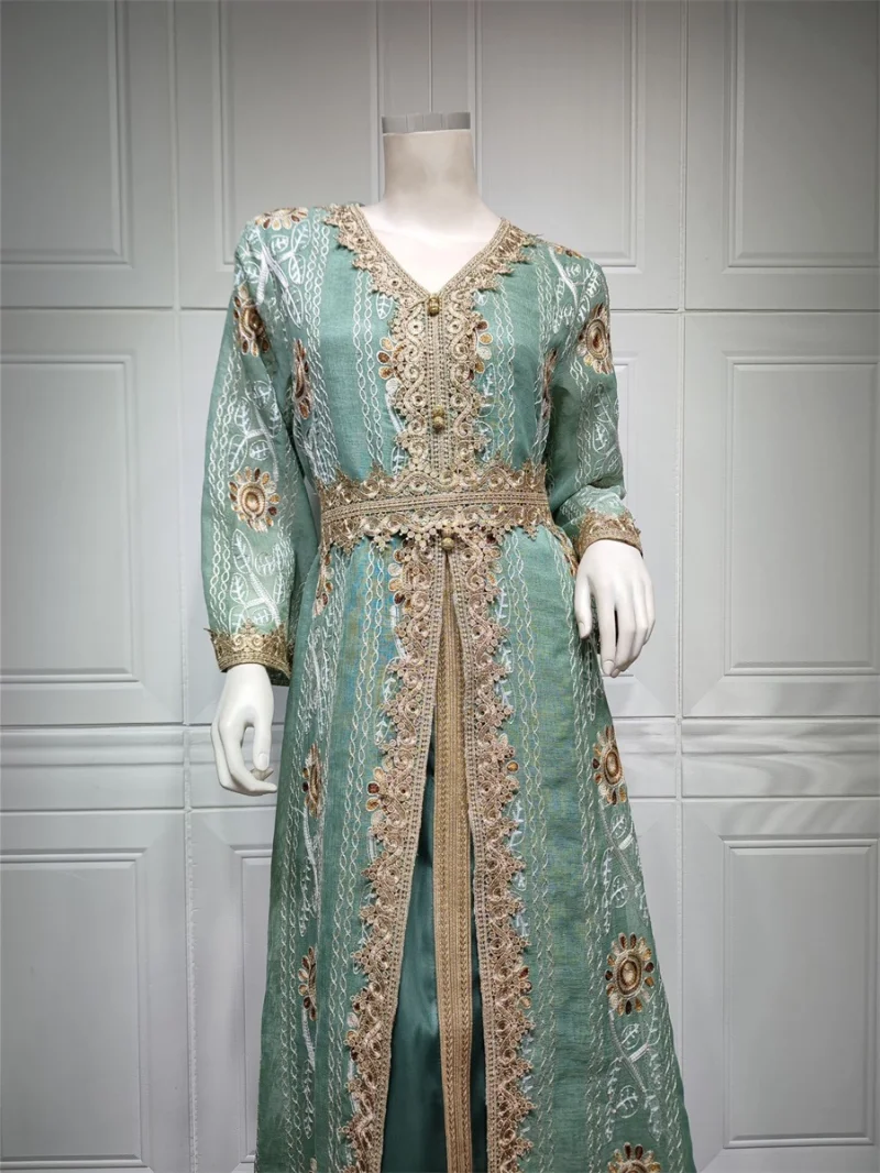 Gorgeous Party Evening Dresses for Women Corban Eid Al Adha New Moroccan Caftan Dubai Mesh Embroidery Lace Gold Tape Trim Abaya