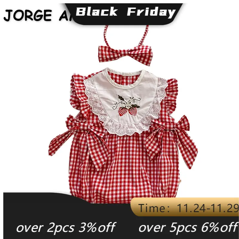 

Summer Bodysuit Baby Girl Round Collar White Red Plaid Patchwork Sleeveless Sling Jumpsuit with Headwear Infant Clothing E2203