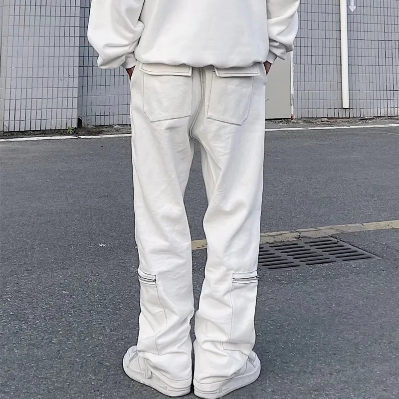 2022 Ropa Zipper Multiple Pockets White Cargo Jeans For Men Clothing Baggy Casual Tracksuit Pants Drawstring Sweatpants Pantalon