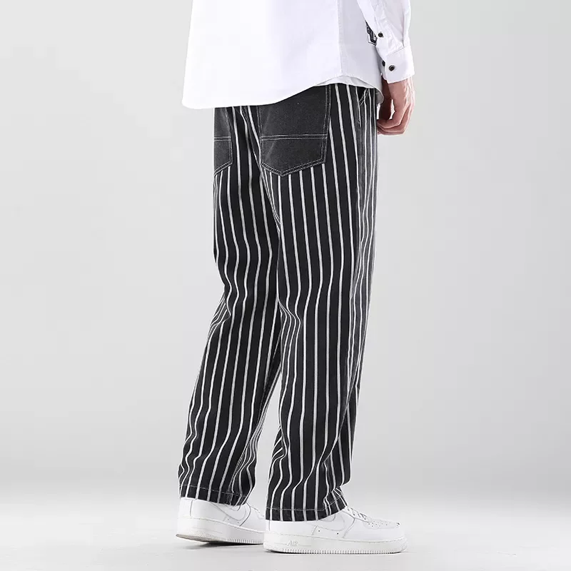 2022New Autumn New Men's Striped Denim Wide-leg Pants Korean Style Fashion Elastic Waist Baggy Jeans Male Brand Clothes