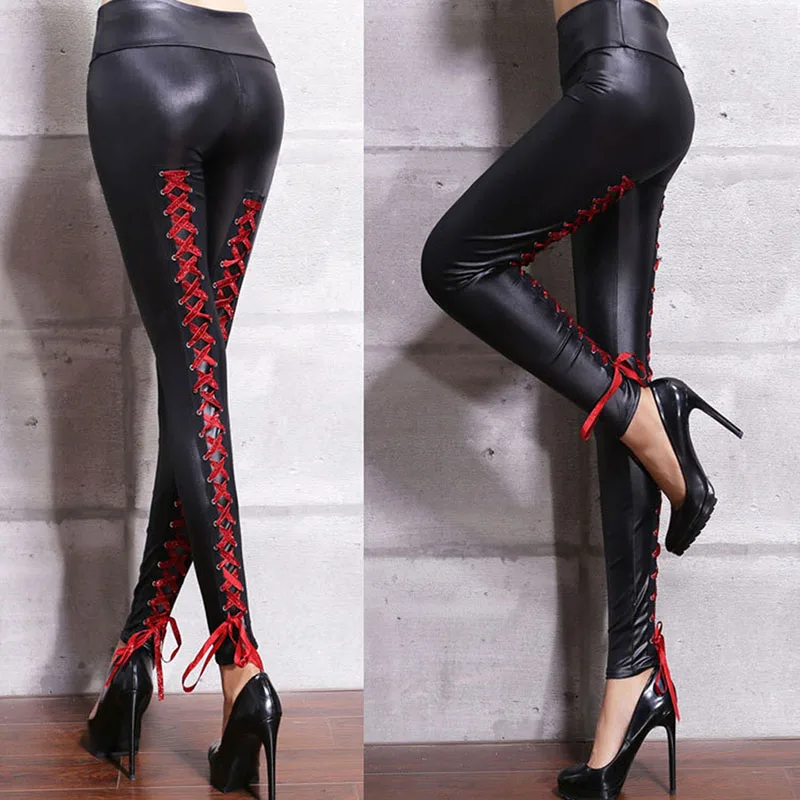 

Sexy Lace-Up Moto Biker Leggins Female Faux Leather Leggins Autumn High Waist Elastic Women Legging Bandage Stretch Leggings