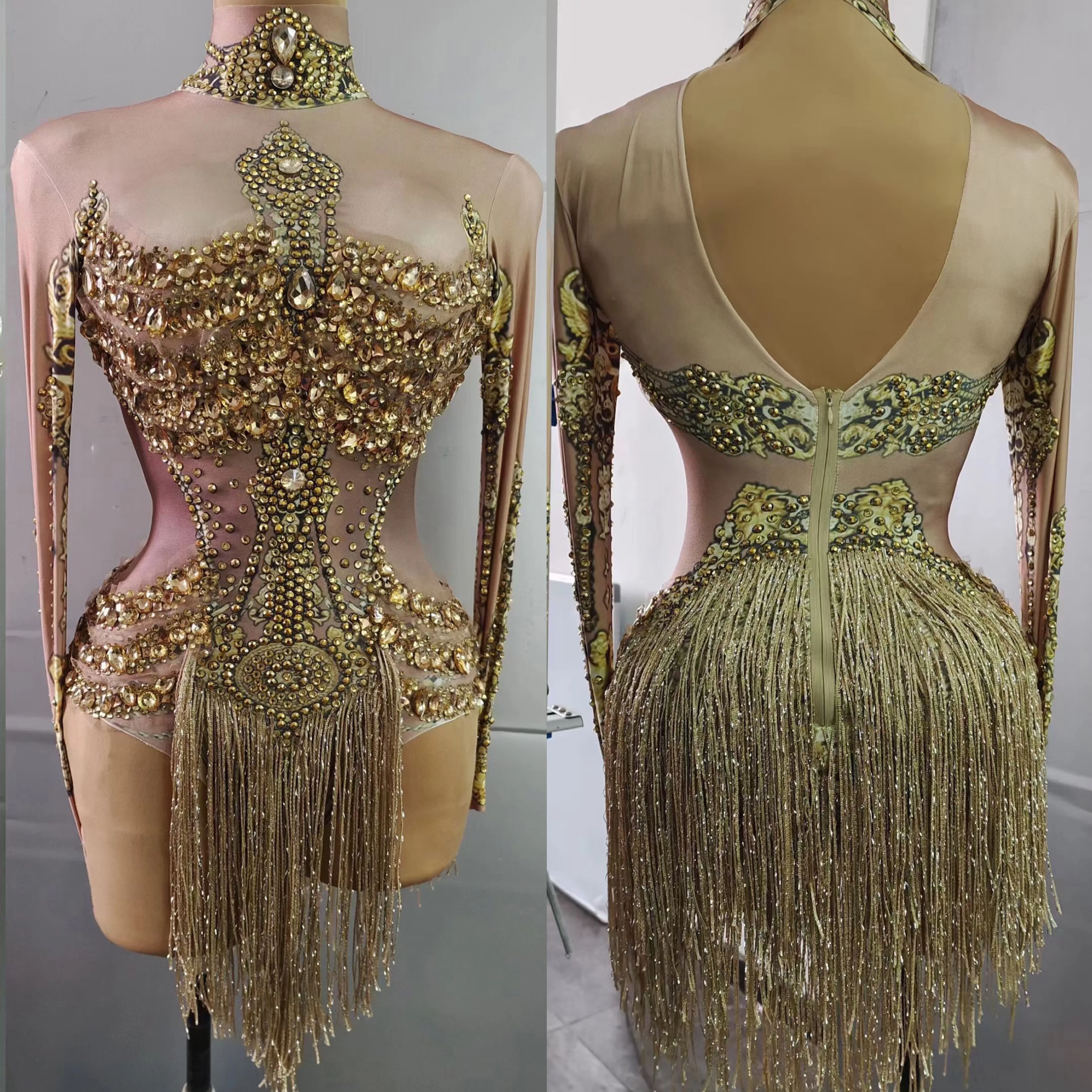 

Gold Shining Rhinestones Tassel Bodysuits Women Sexy Long Sleeves Nightclub Prom Clothing Bar DJ Stage Costumes Rave Wears