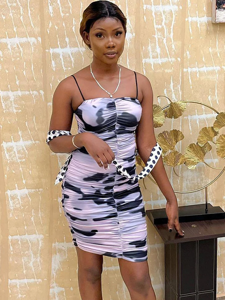 

Новинка 2022, летнее модное уличное сексуальное платье-пуловер на бретельках с принтом, плиссированное платье-мини, женское вечернее облегаю...