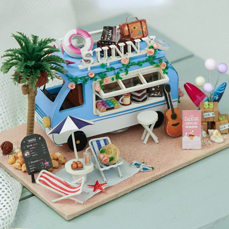 new diy mini car ocean shop casa wooden doll house miniature building kits dollhouse with furniture lights toys for girls gifts free global shipping