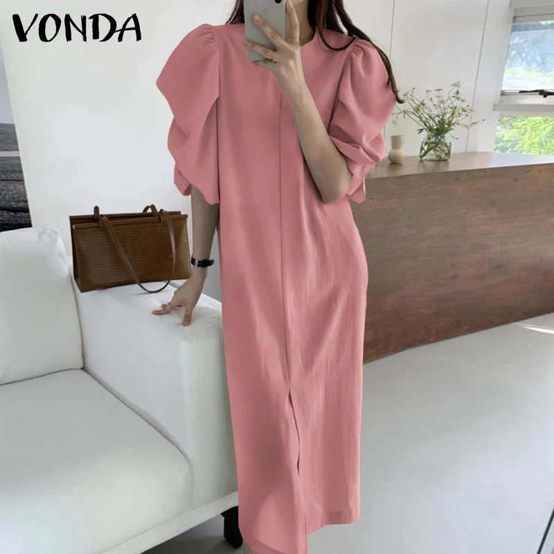 

VONDA Summer Puff Sleeve Maxi Dresses Femme Loose Robe Solid Baggy Hem Vestidos Women Casual Round Neck Plain Sundress Oversized