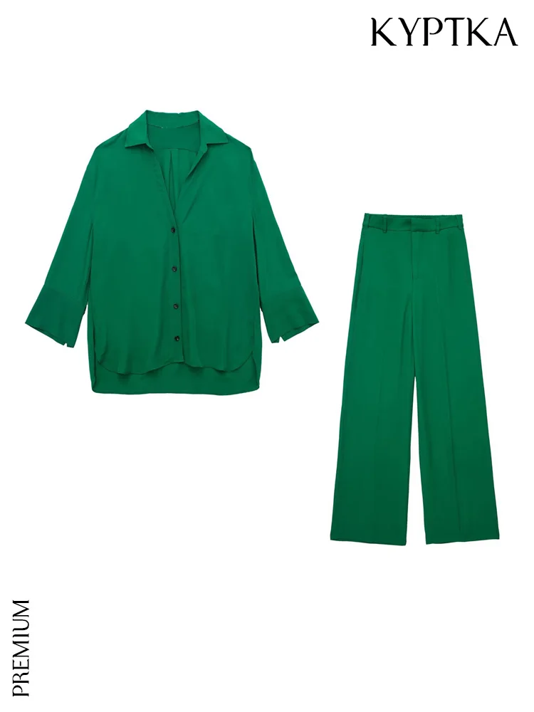 

KYPTKA Women Fashion Oversized Asymmetrical Green Shirts And High Waist Zipper Fly Wide Leg Pants Female Two Piece Sets Mujer