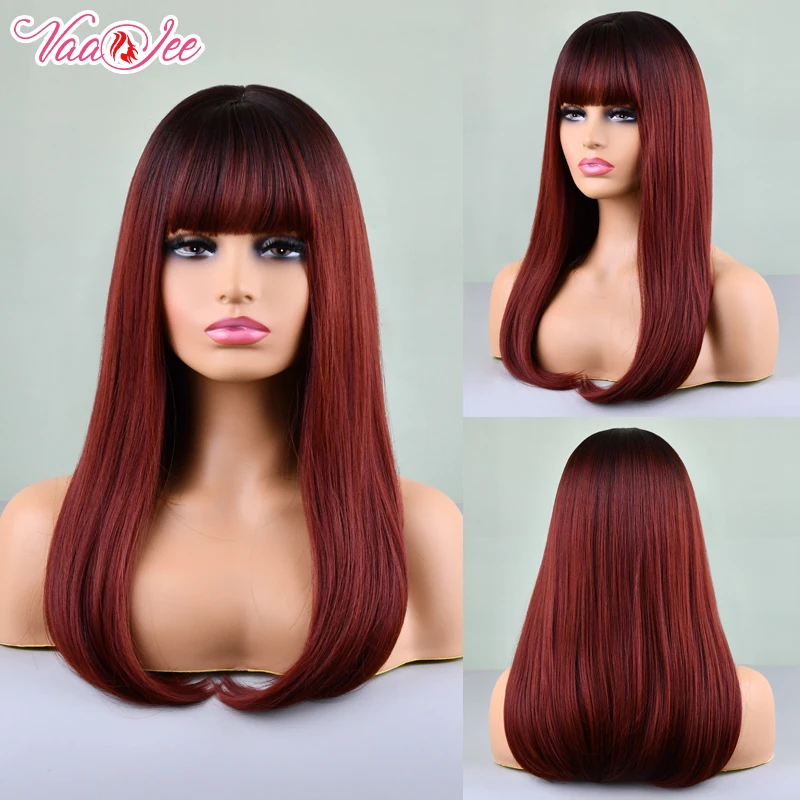 

99J прямые волосы боб парик с челкой 22 дюйма синтетические волосы термостойкие для женщин ежедневный косплей прямые челки парики 2022NEW