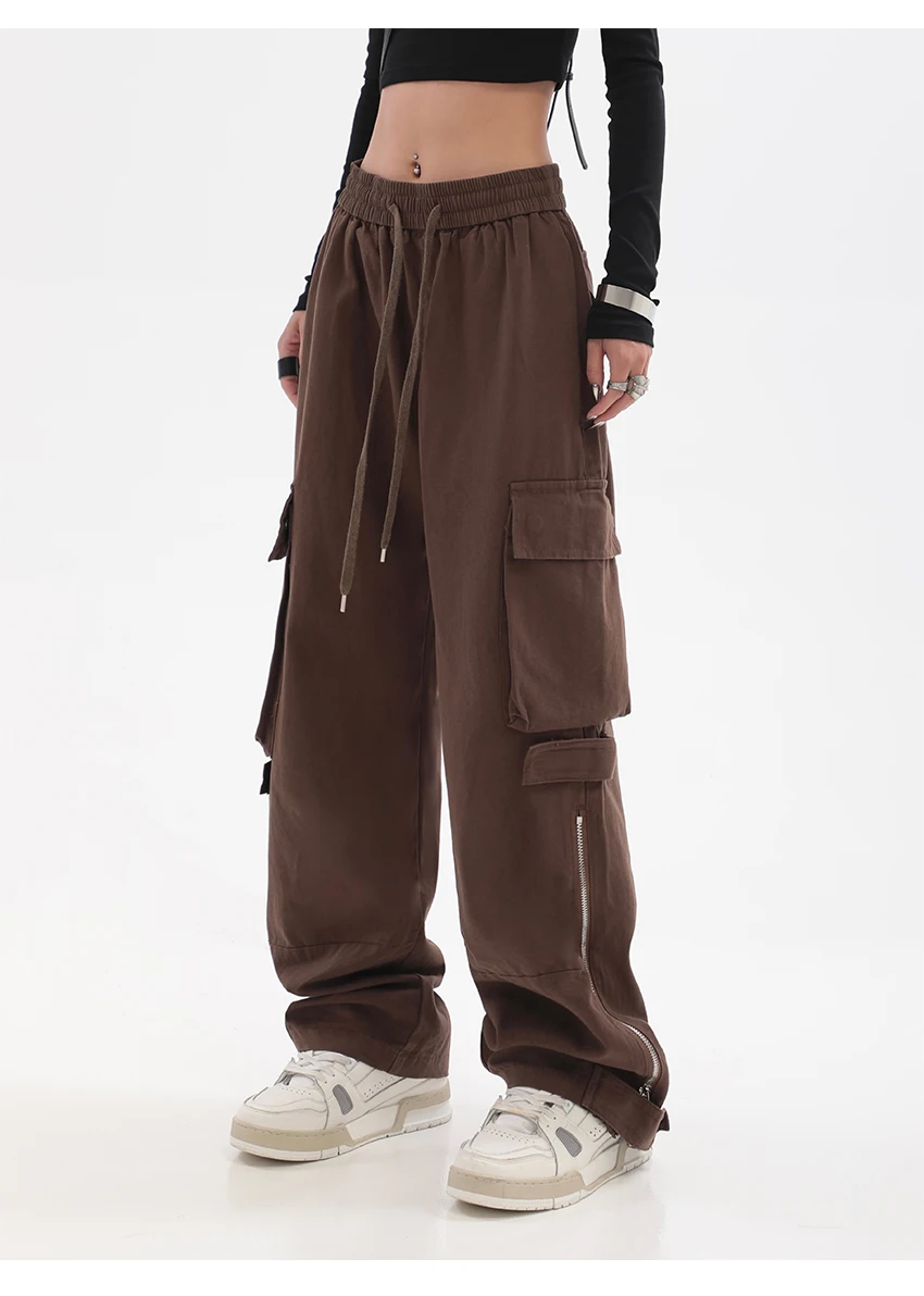 

Женские брюки-карго с карманами Y2k, модные коричневые брюки с низкой талией, новинка сезона осень 2023, мешковатые прямые уличные брюки