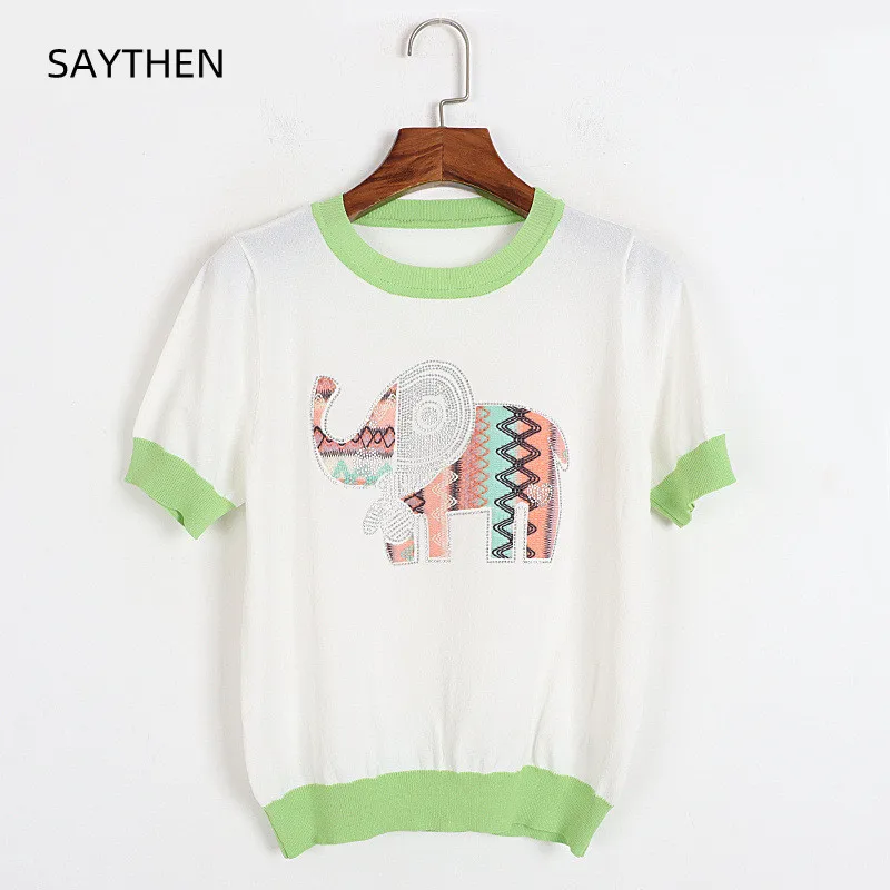 

SAYTHEN New Summer Hit Color Stripes Heavy Industry Hot Drill Elephant Embroidery Sweet College Style Thin Top Women T-shirt