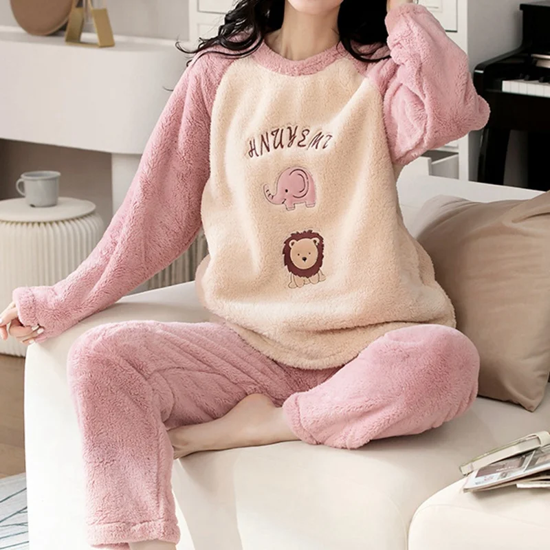 

2022 Pajamas Set Women'S Autumn Winter Solid Color Cartoon Print Sleepwear Comfortable Plus Velvet Soft Simple Homewear Clothes