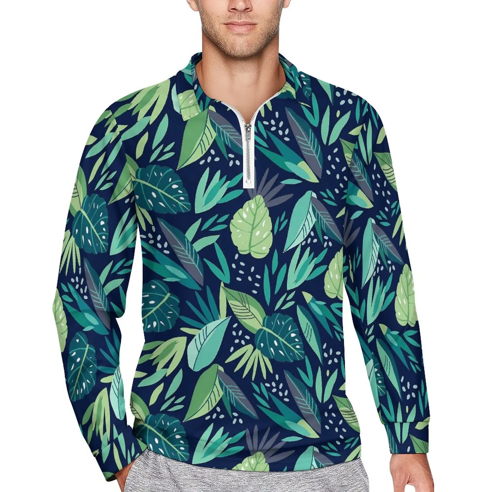 

Botanical Leaf Polo Shirts Autumn Blue Green Casual Shirt Long Sleeve Collar Trendy Custom Oversized T-Shirts