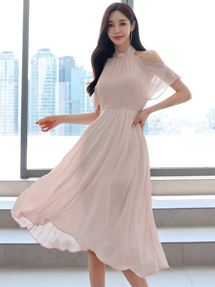 

Korean Elegant Women Evening Dress Chic Pink Sweet Sheer Hollow Sexy Folds Slim Midi Party Beach Prom Robe Femme Mujer Vestidos