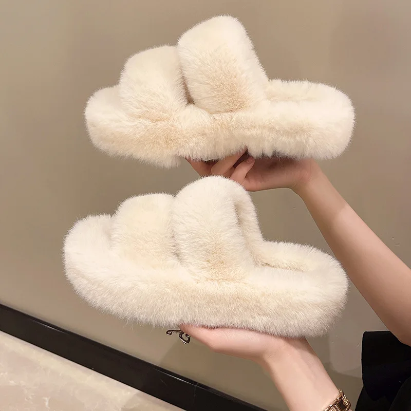 

House Slippers Platform Low Shoes Fur Flip Flops Big Size Slides Slipers Women Flock Plush 2022 Rome Fabric Basic Rubber Hoof He